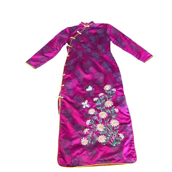 VINTAGE LADIES Purple SATIN ORIENTAL CHINESE Mandarin Collar Party Dress VTG - Picture 3 of 12